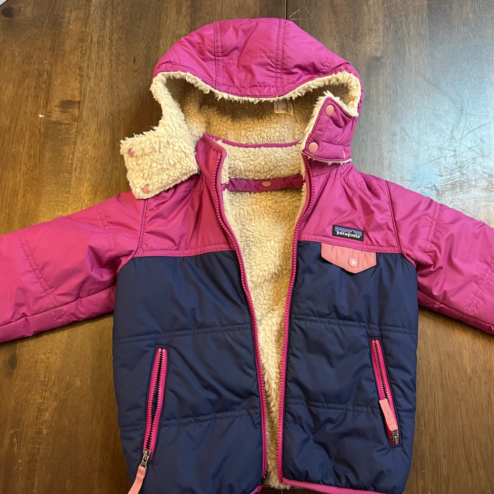 Patagonia Tribbles Pink and Navy Sherpa-Lined Reversible Jacket 5T